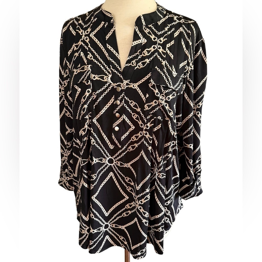 COCOMO XL Black Beige 3/4 sleeve women's Pintuck Blouse tunic shirt - Picture 4 of 12